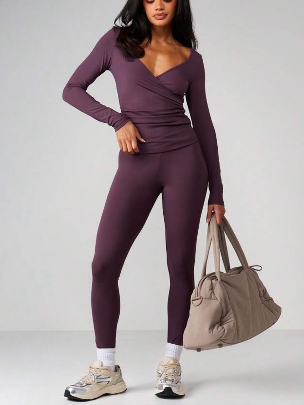 Pilates workout SET Plum Wrap-Front Long Sleeve Top